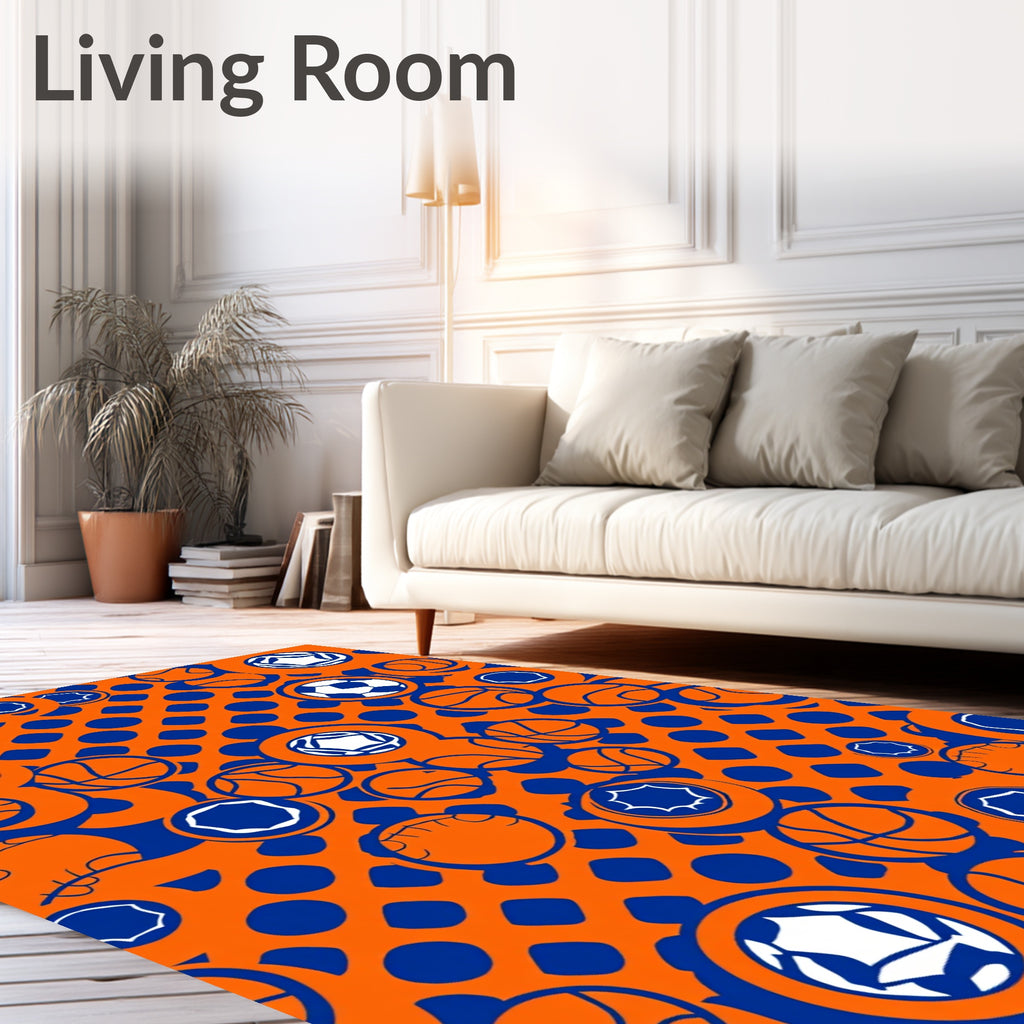 Vibrant Orange Blue Sports Balls Rug