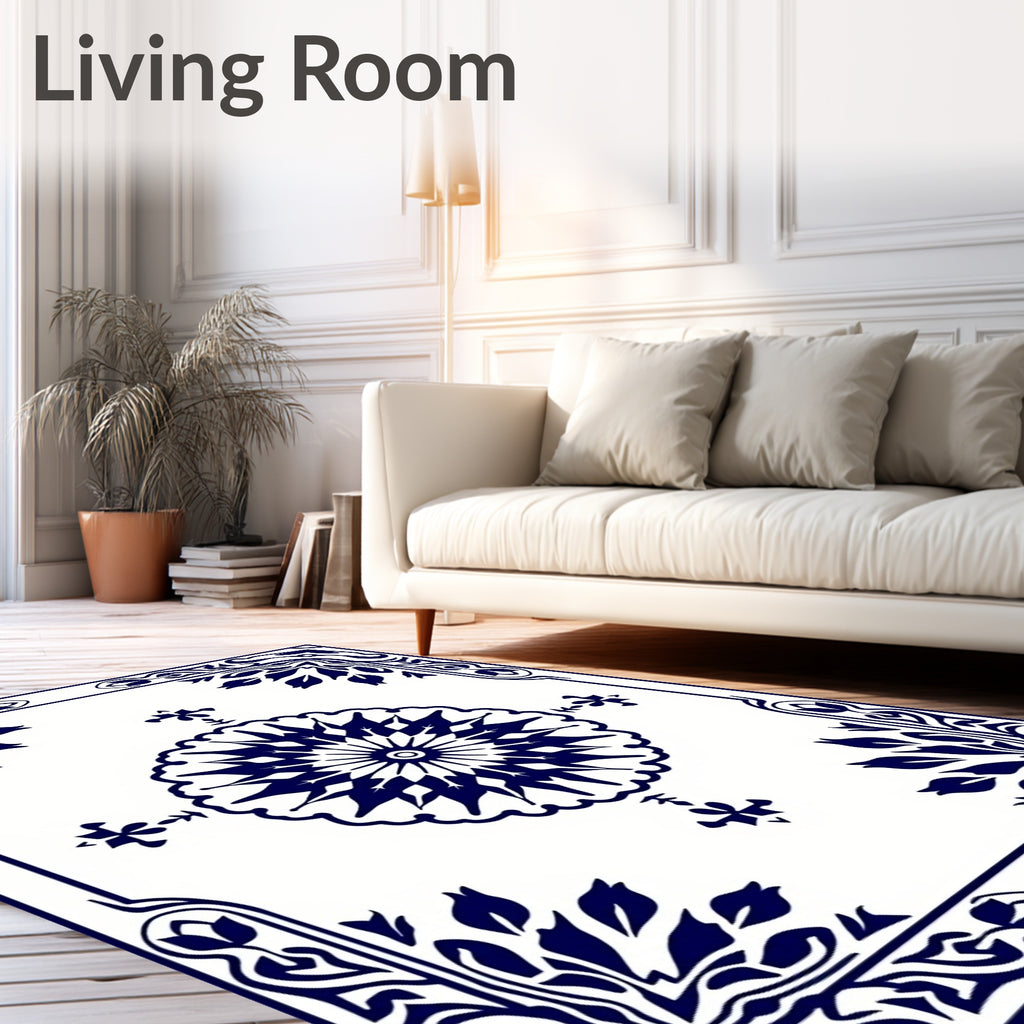 Traditional Navy Floral Medallion Border Rug