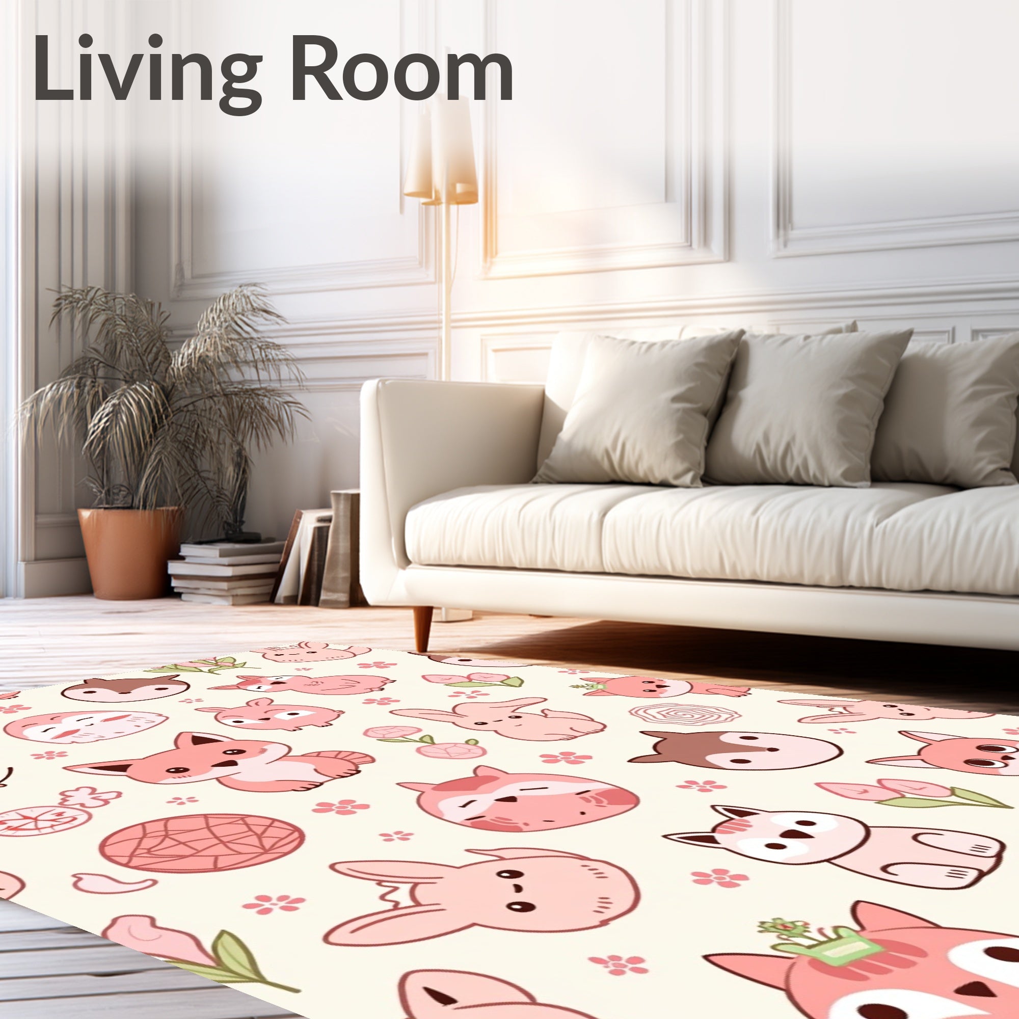 Cute Pink Forest Creatures Floral Scatter Rug