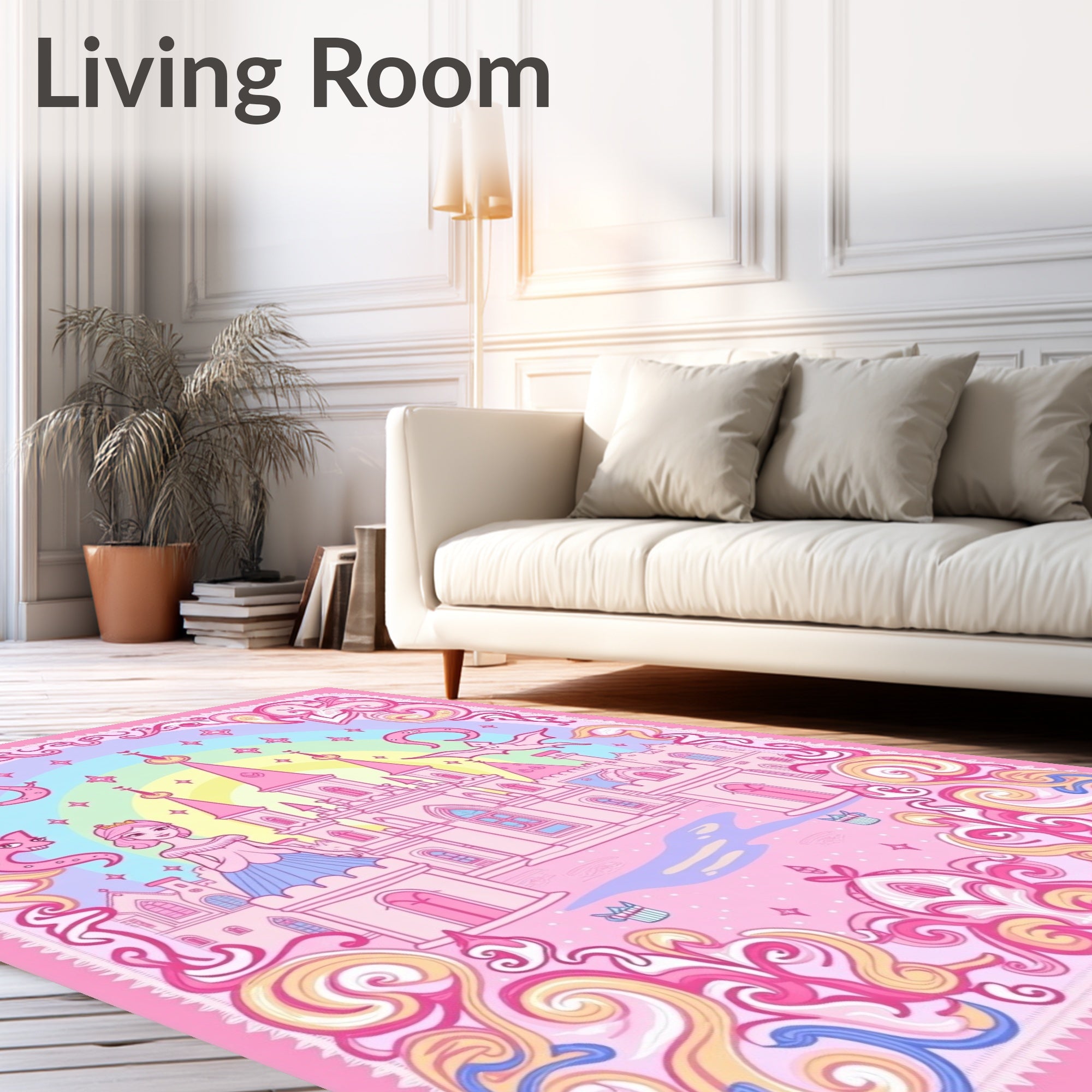 Pink Fairy Tale Castle Rainbow Scape Rug