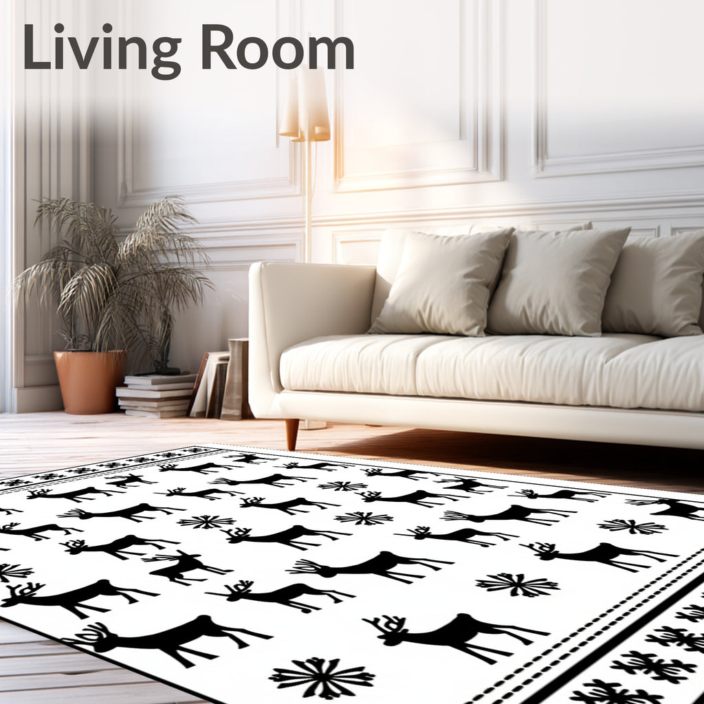 Black White Reindeer Snowflake Motif Rug