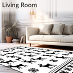 Black White Reindeer Snowflake Motif Rug