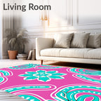 Vibrant Teal Floral Medallion Pink Rug