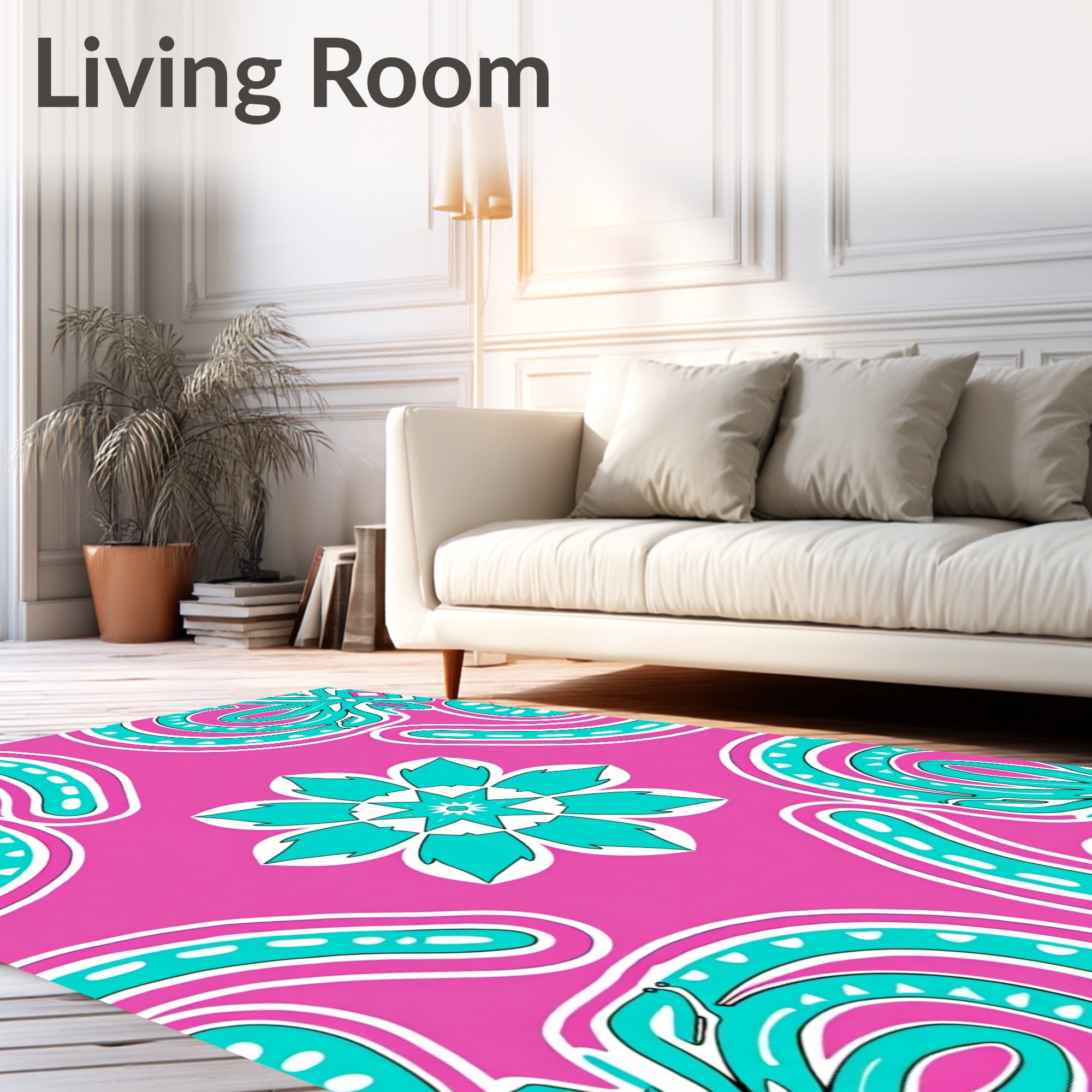 Vibrant Teal Floral Medallion Pink Rug