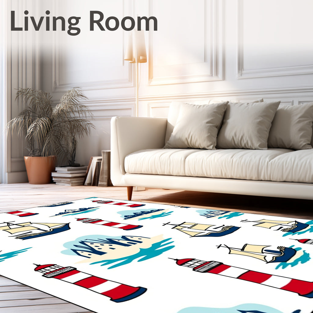 Nautical Red White Lighthouse Ships Rug