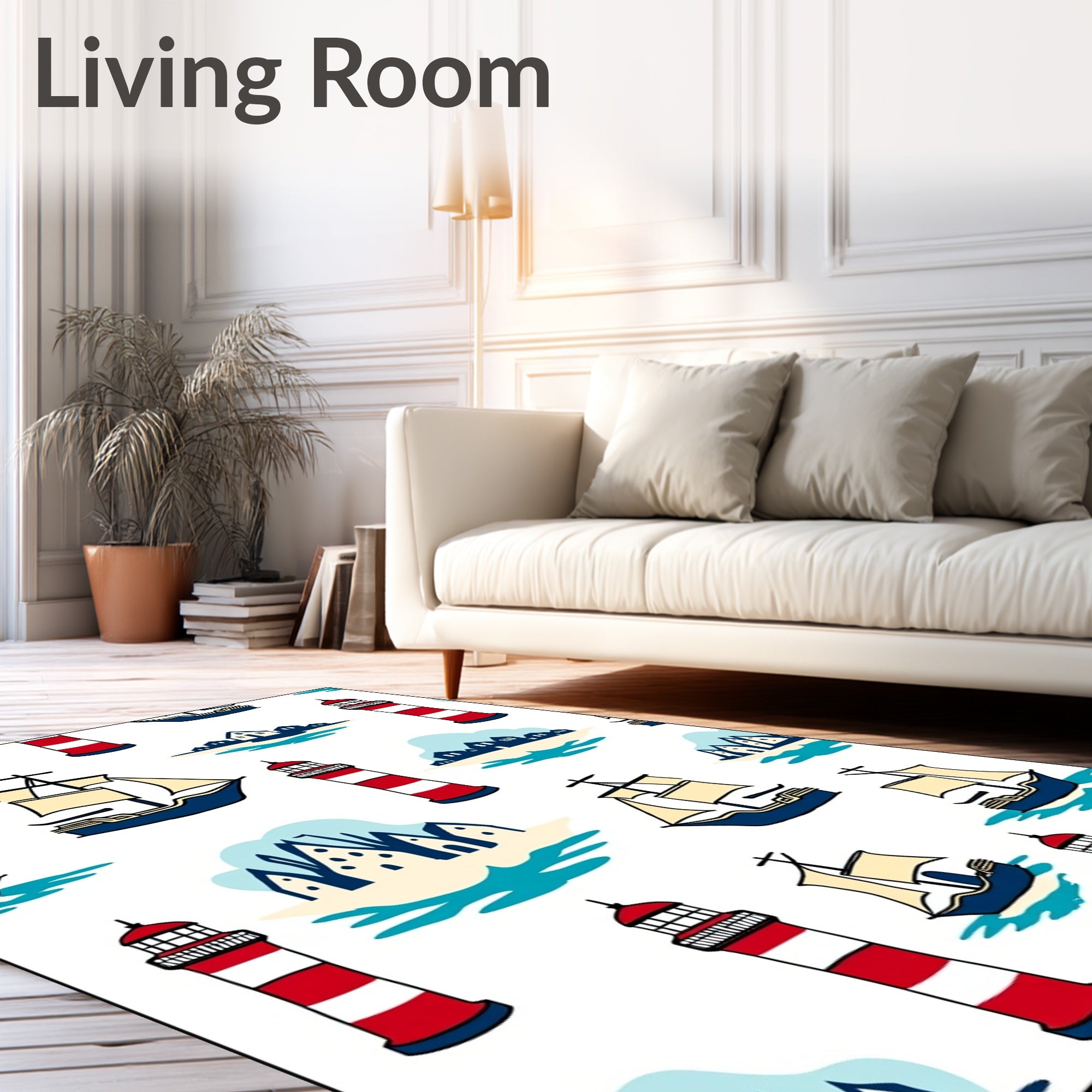 Nautical Red White Lighthouse Ships Rug