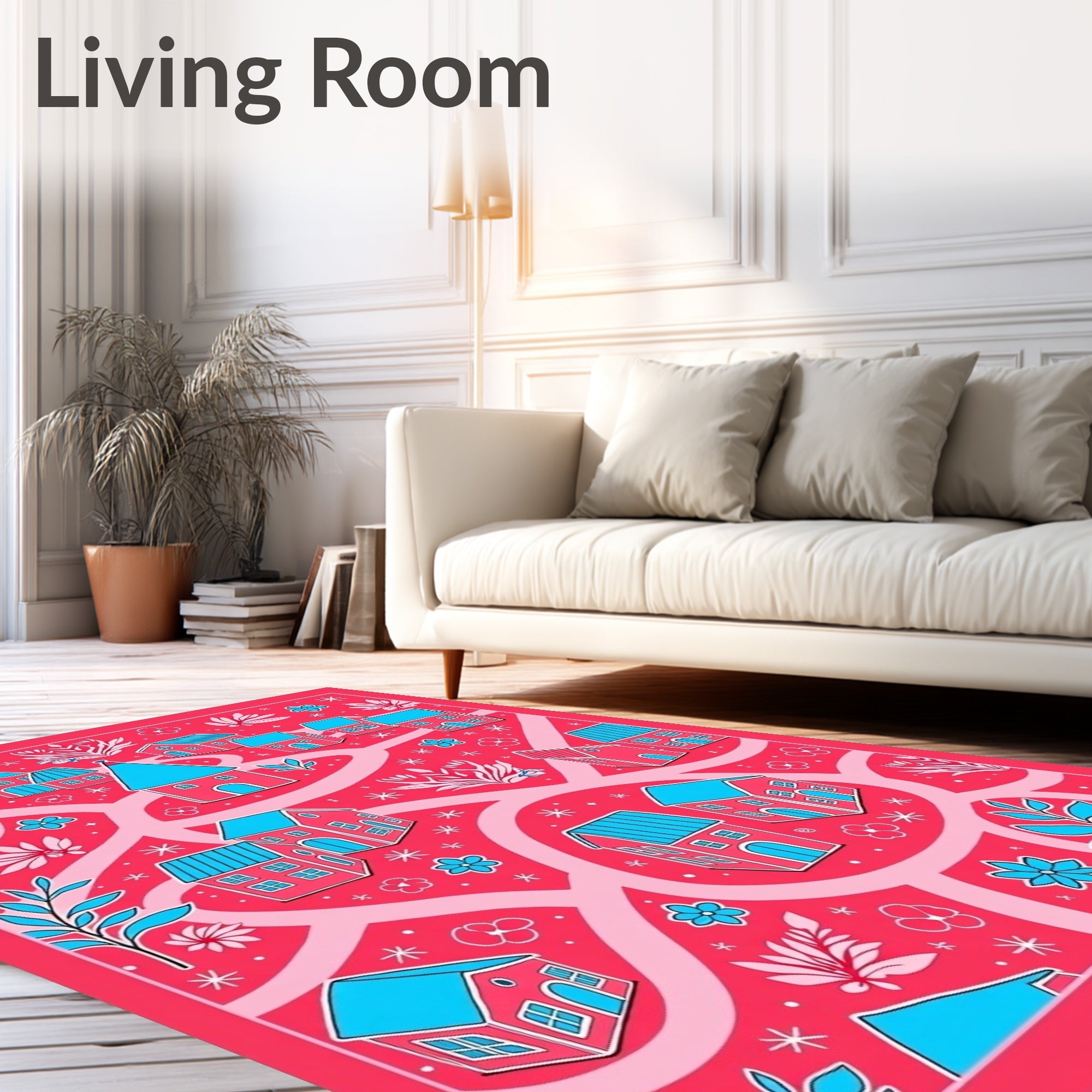 Whimsical Pink Village Houses Rug