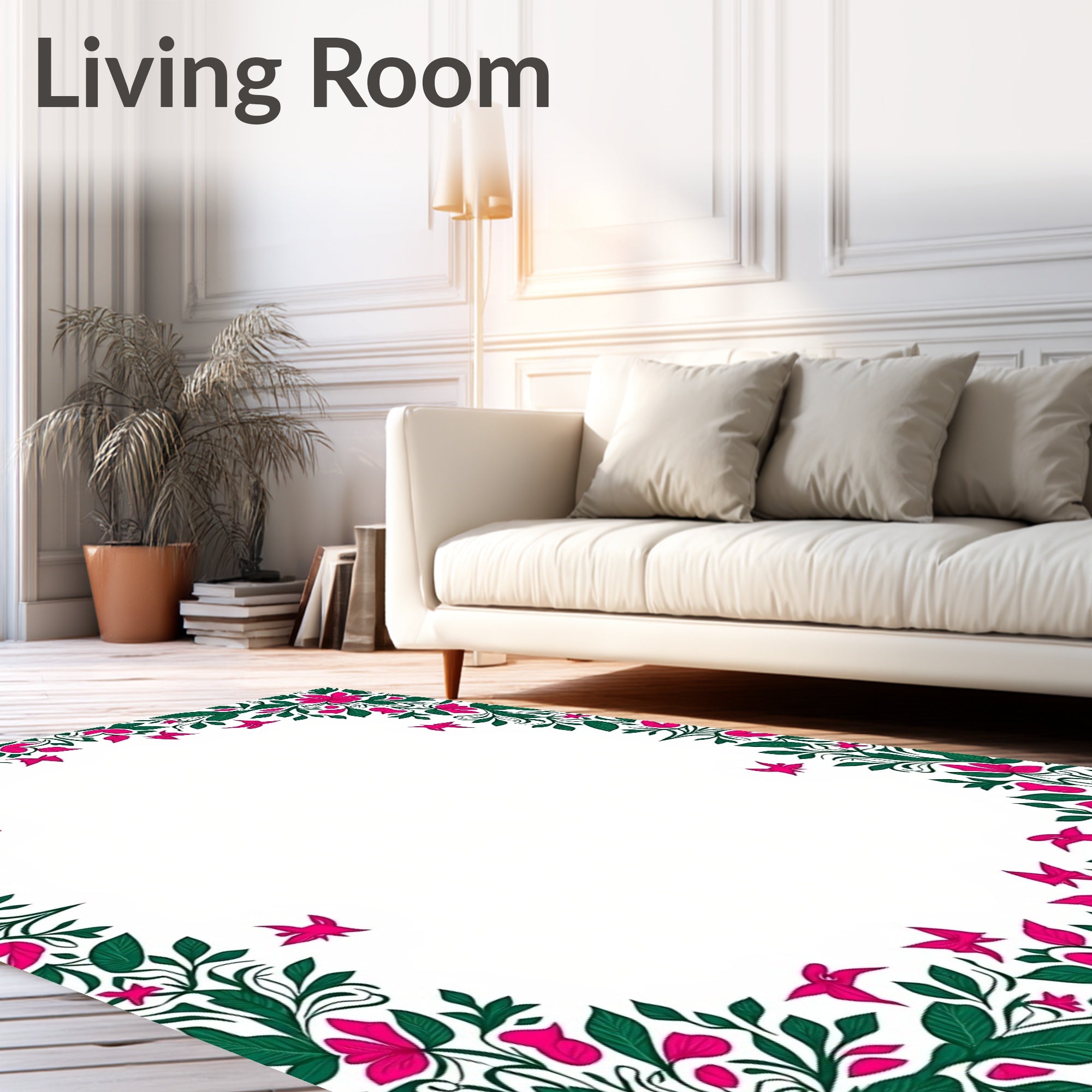 Vibrant Pink Floral Greenery Border Rug
