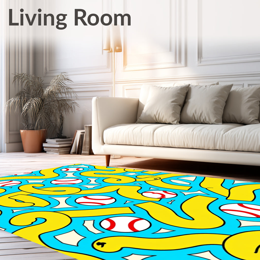 Bold Yellow Swirls with White Red Baseballs Rug