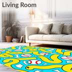 Bold Yellow Swirls with White Red Baseballs Rug