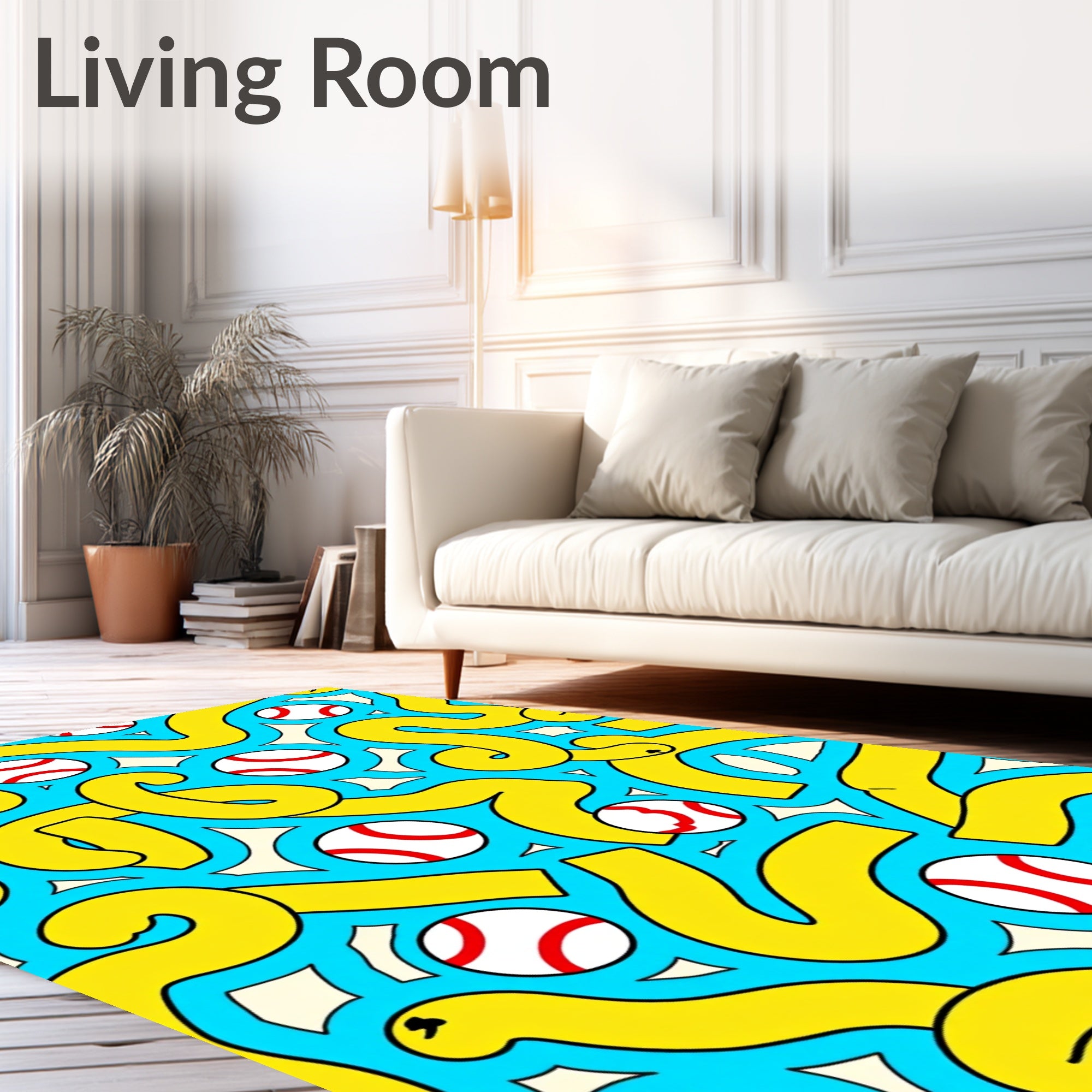 Bold Yellow Swirls with White Red Baseballs Rug