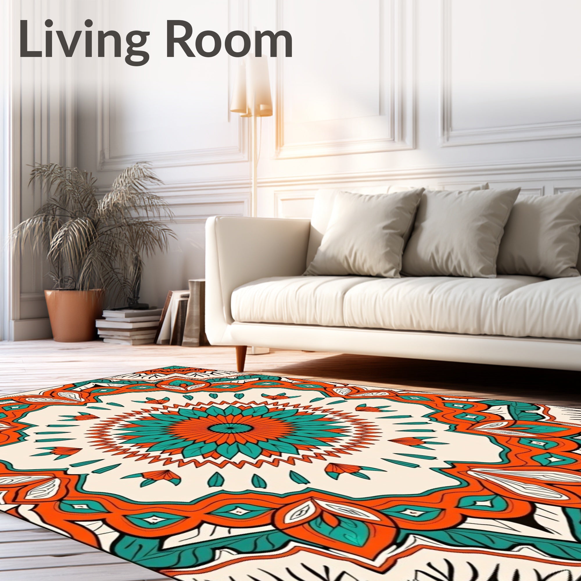 Orange Teal Floral Medallion Art Rug
