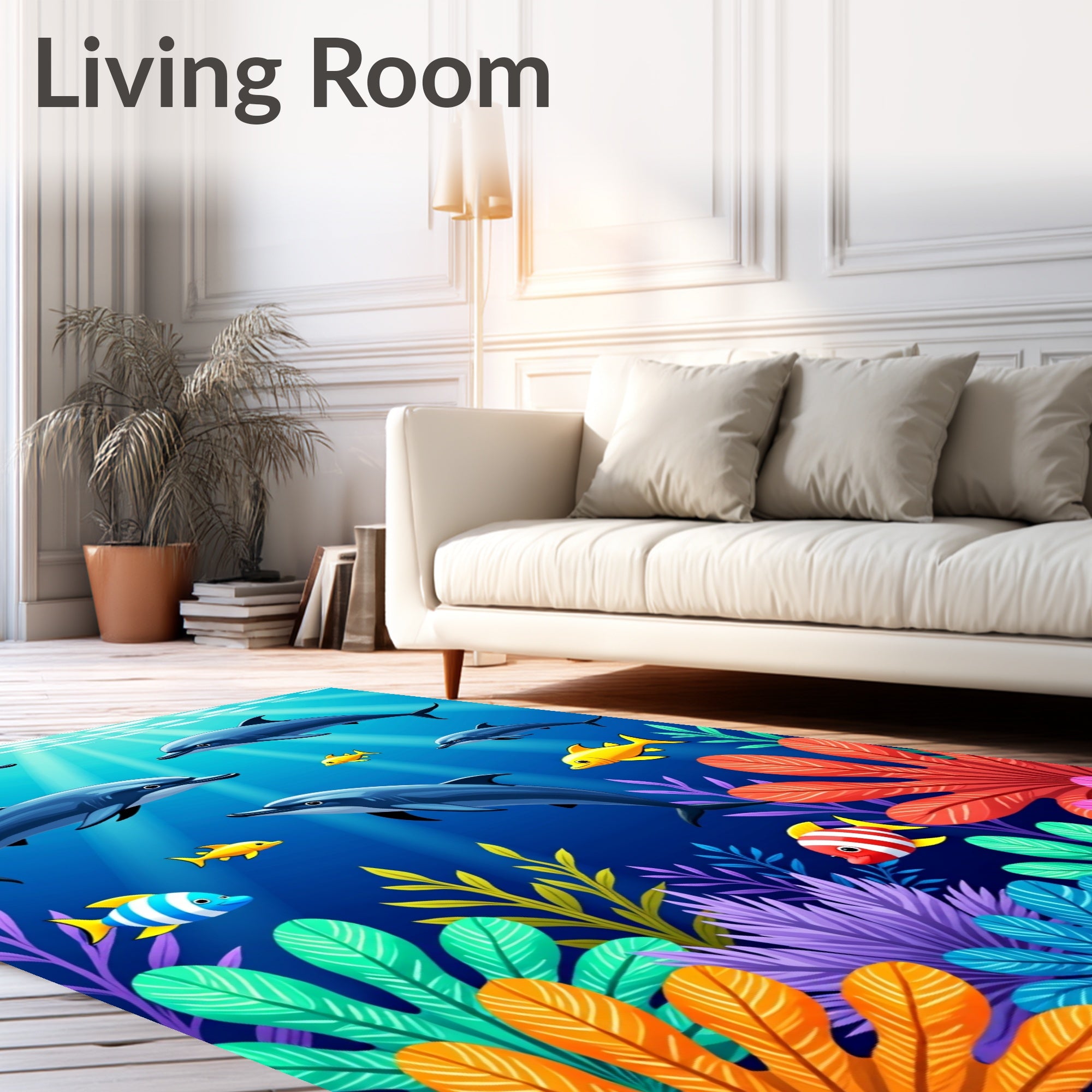 Midnight Blue Ocean Dolphin Coral Scene Rug