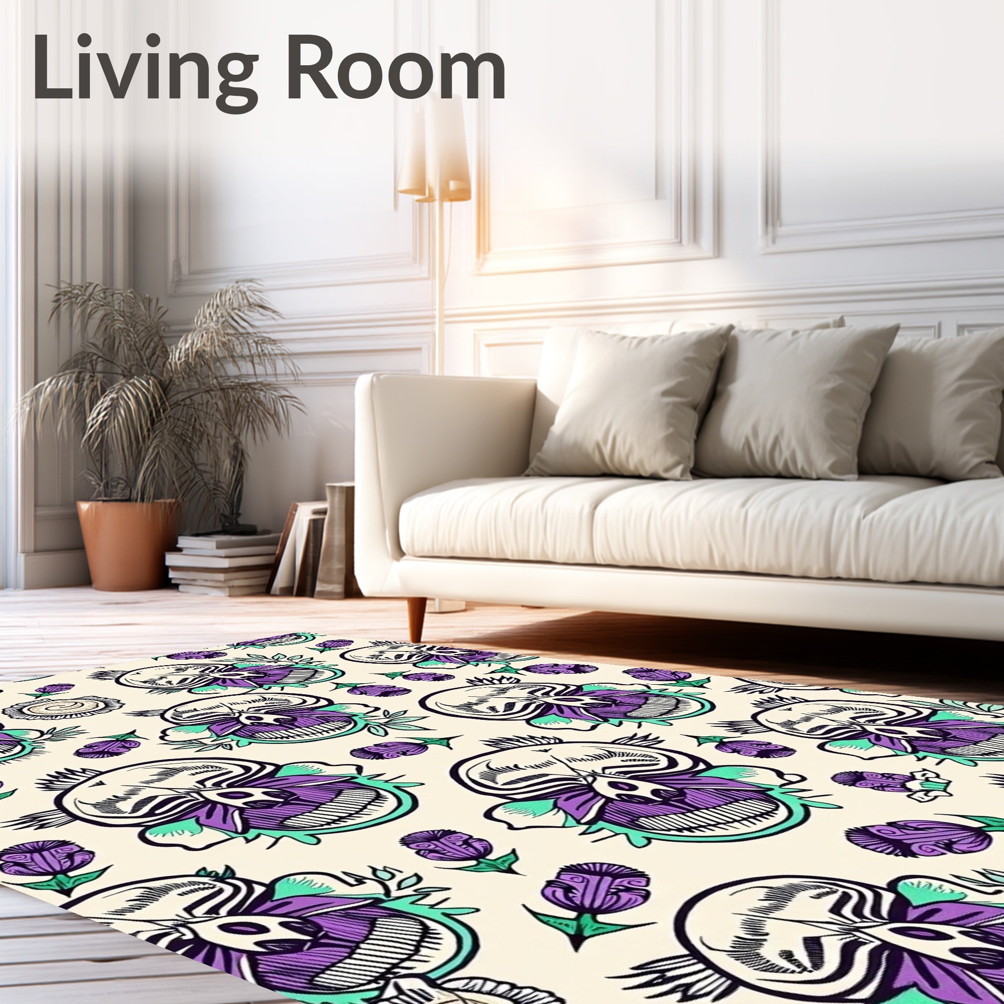 Purple Skull Floral Cream Background Rug