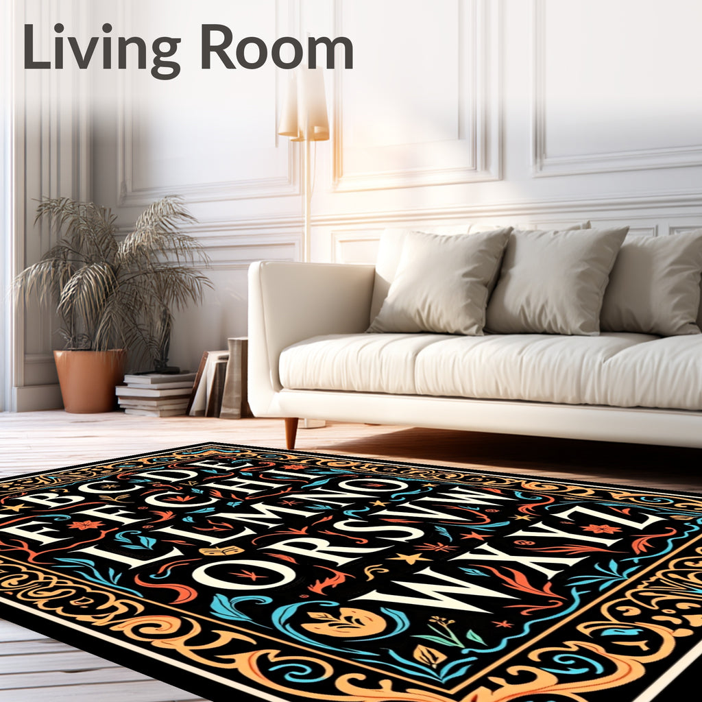 Ornate Alphabet Floral Border Print Rug