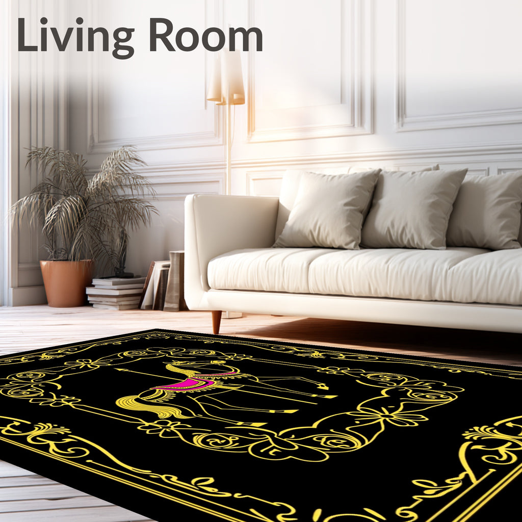 Golden Carousel Horse with Rose Garland Border Rug
