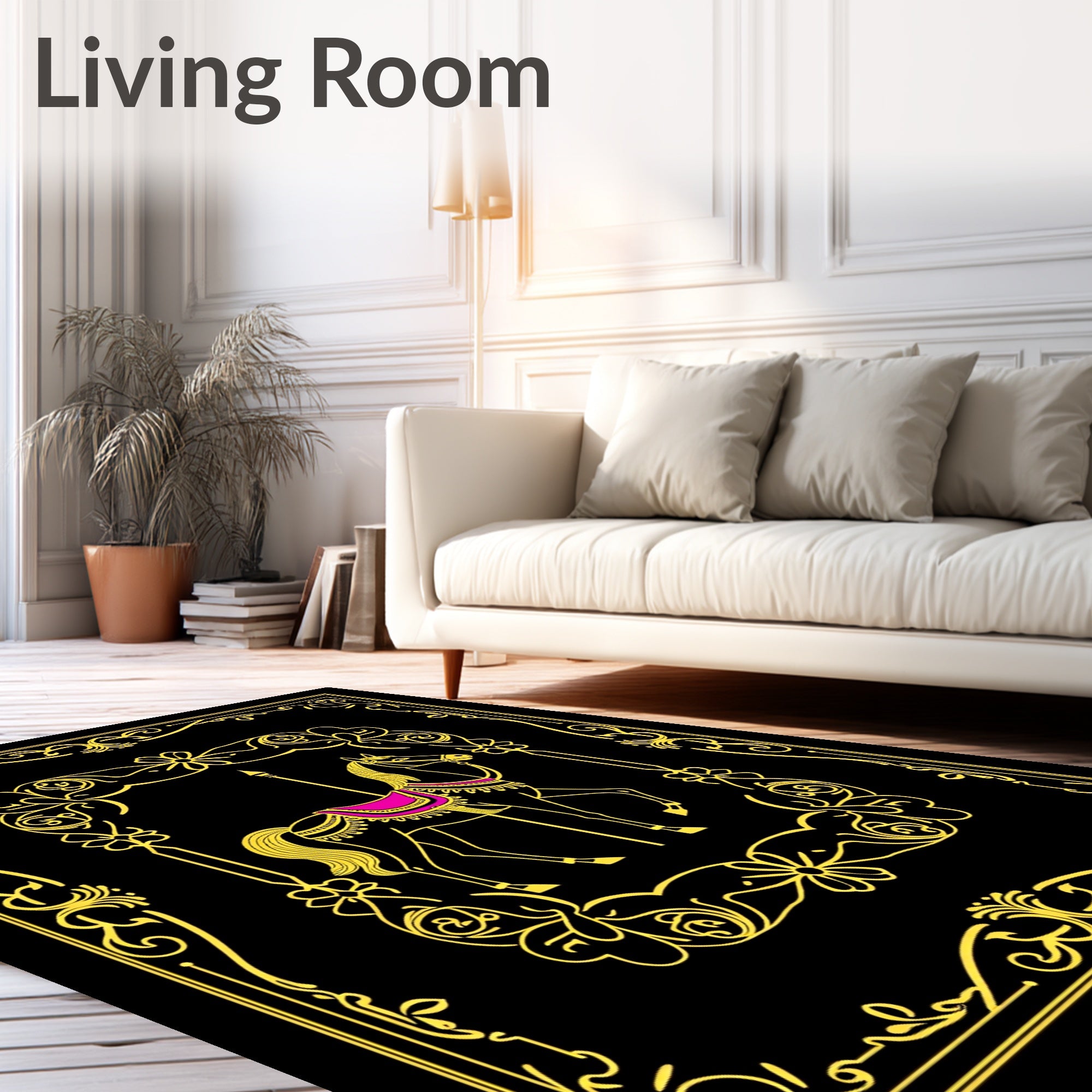 Golden Carousel Horse with Rose Garland Border Rug