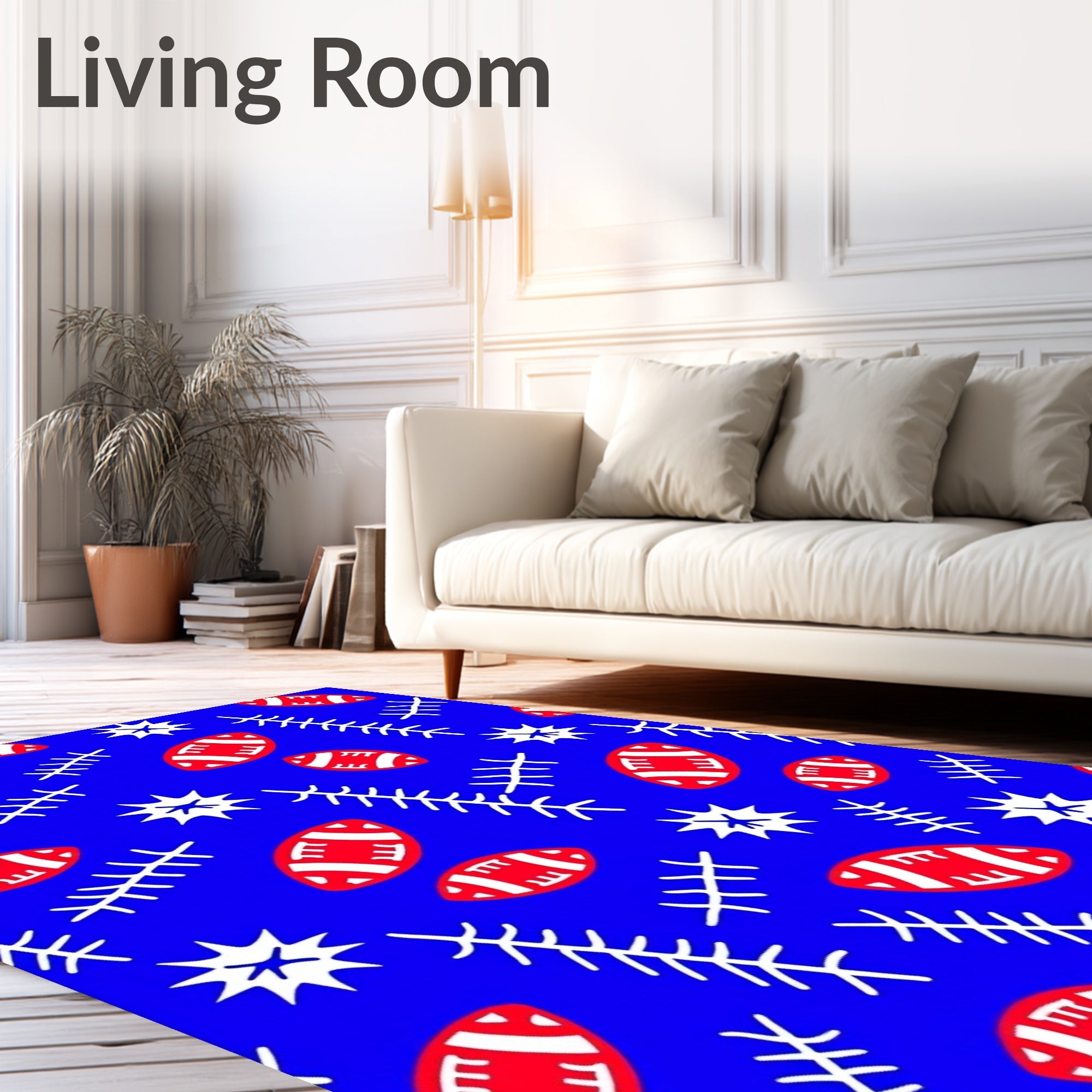 Red Football Star Branch Blue Rug