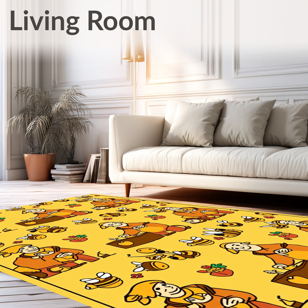 Whimsical Bee Keeper Yellow Folk Art Rug
