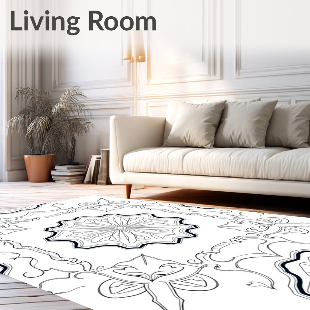 Ornate Floral Mandala Black White Art Rug