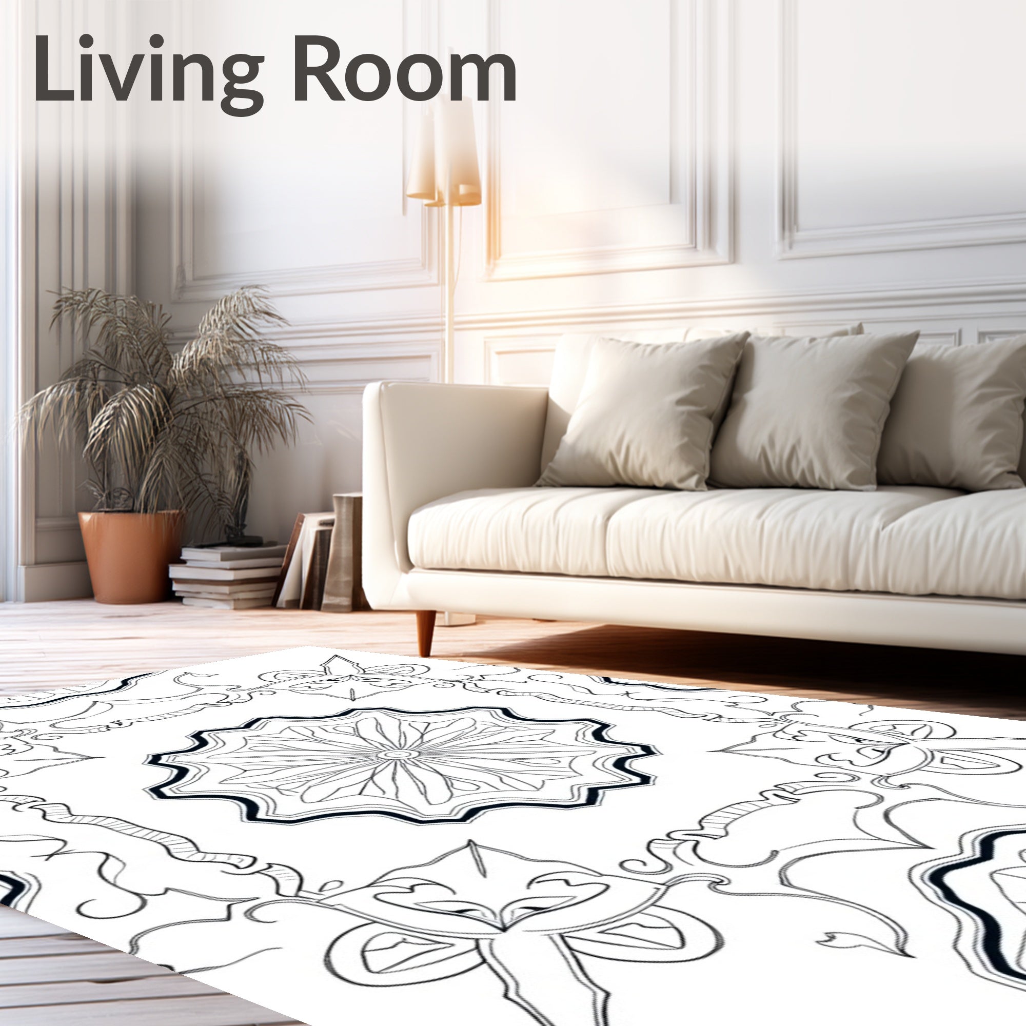 Ornate Floral Mandala Black White Art Rug