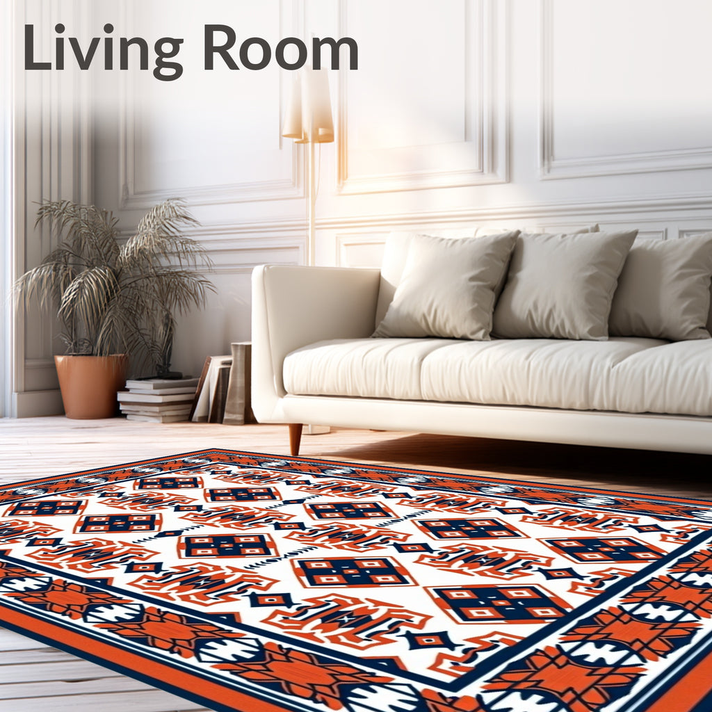 Orange Navy Diamond Geometric Border Rug