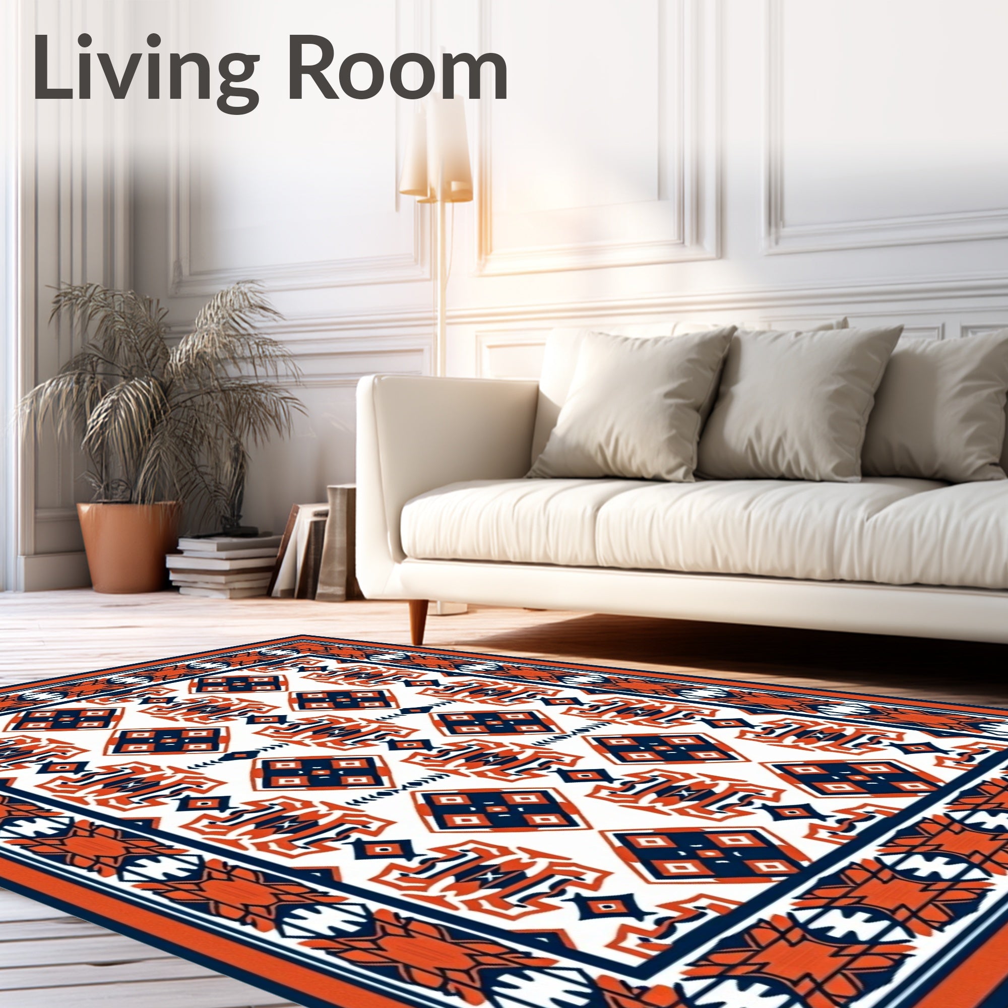 Orange Navy Diamond Geometric Border Rug