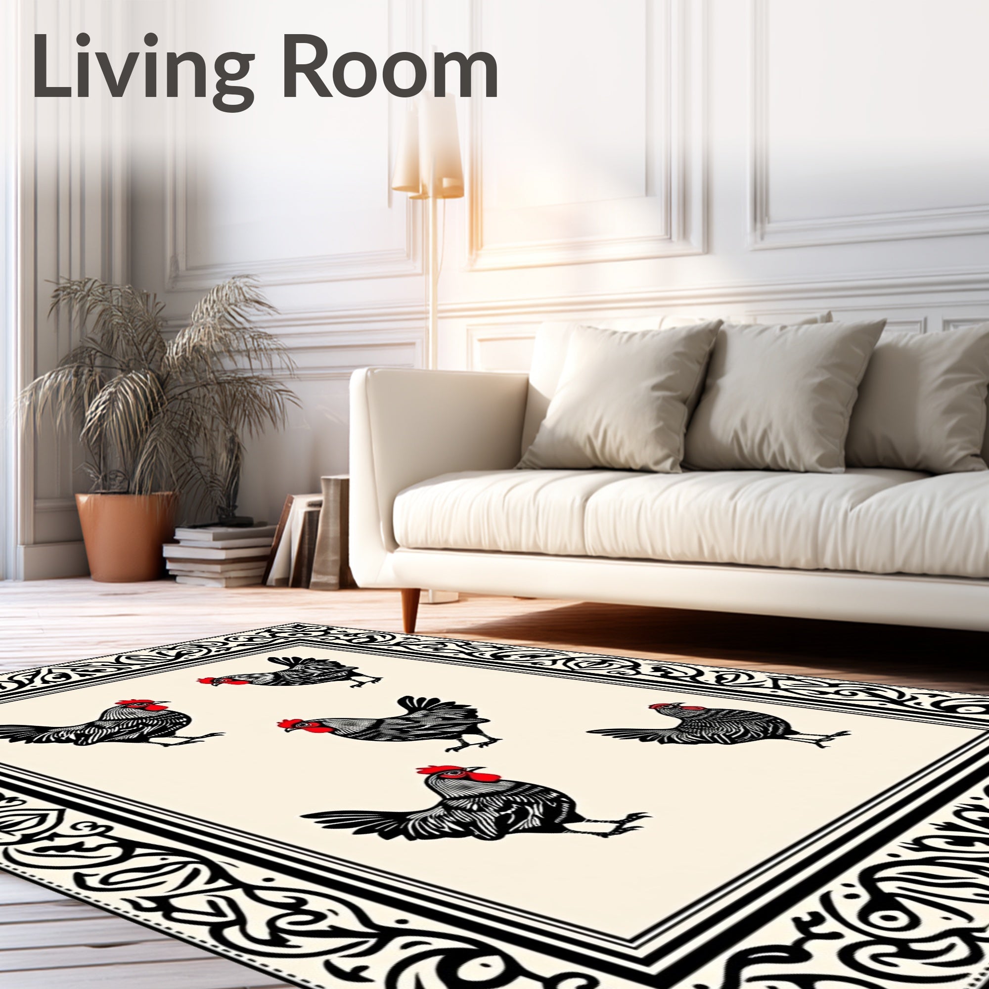 Farmhouse Black Rooster Red Comb Rooster Border Rug