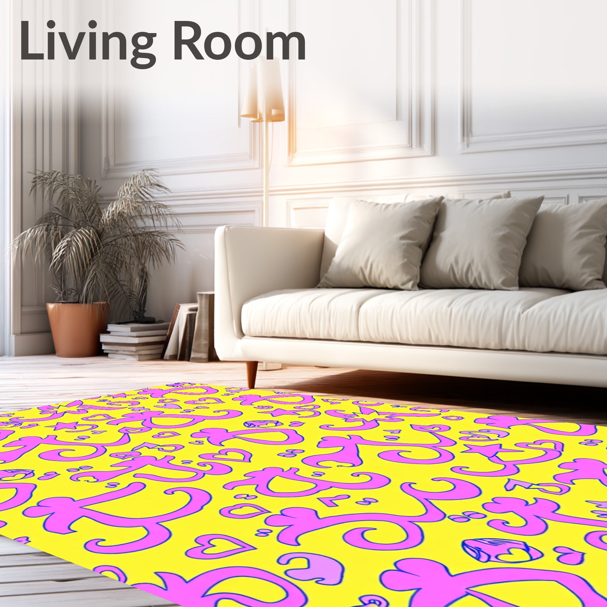 Pink Hearts Stars Swirls Yellow Rug