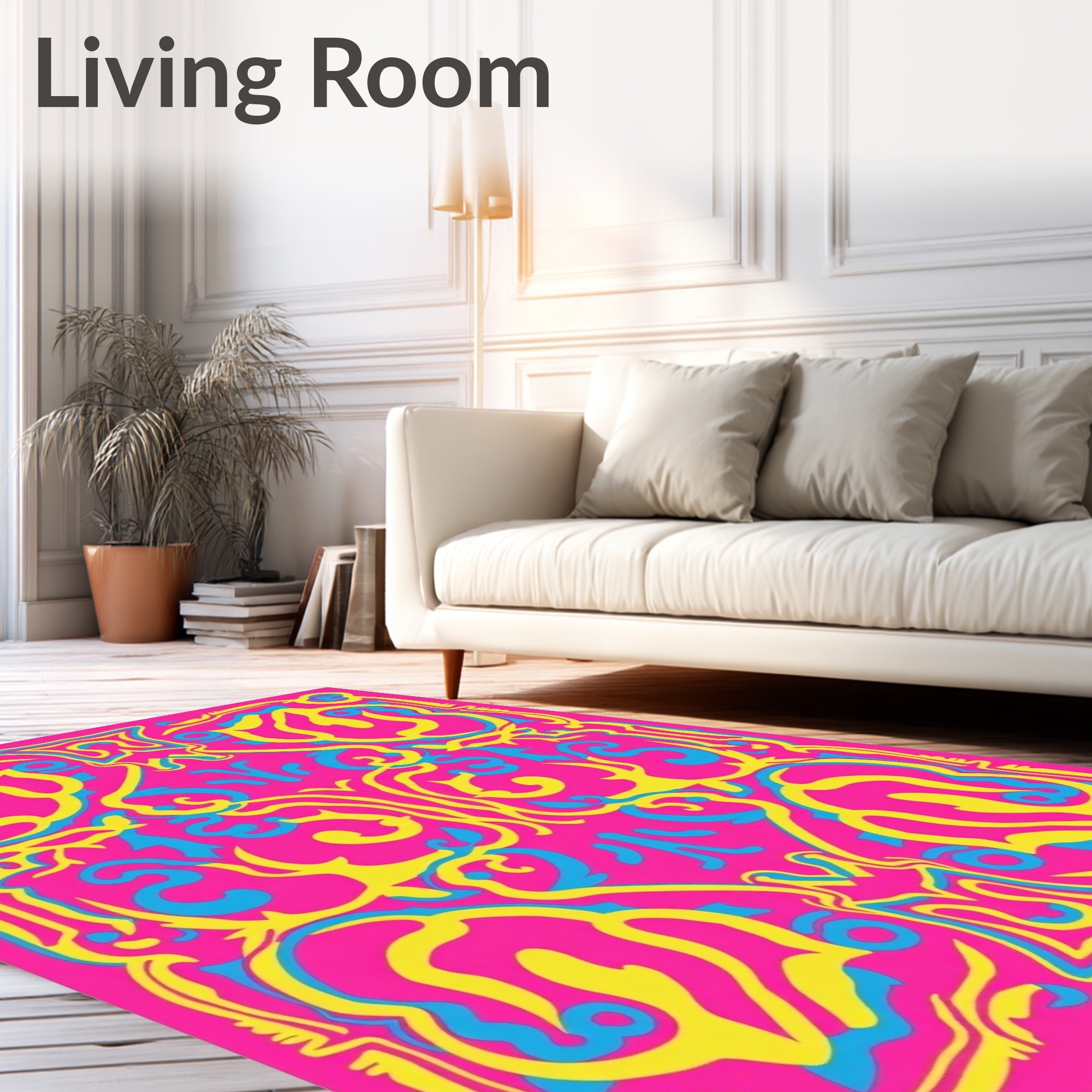 Vibrant Pink Yellow Blue Swirl Medallion Rug