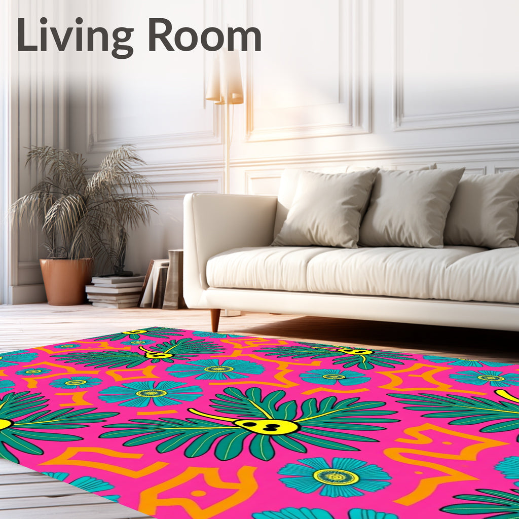 Vibrant Pink Teal Floral Fern Waves Rug