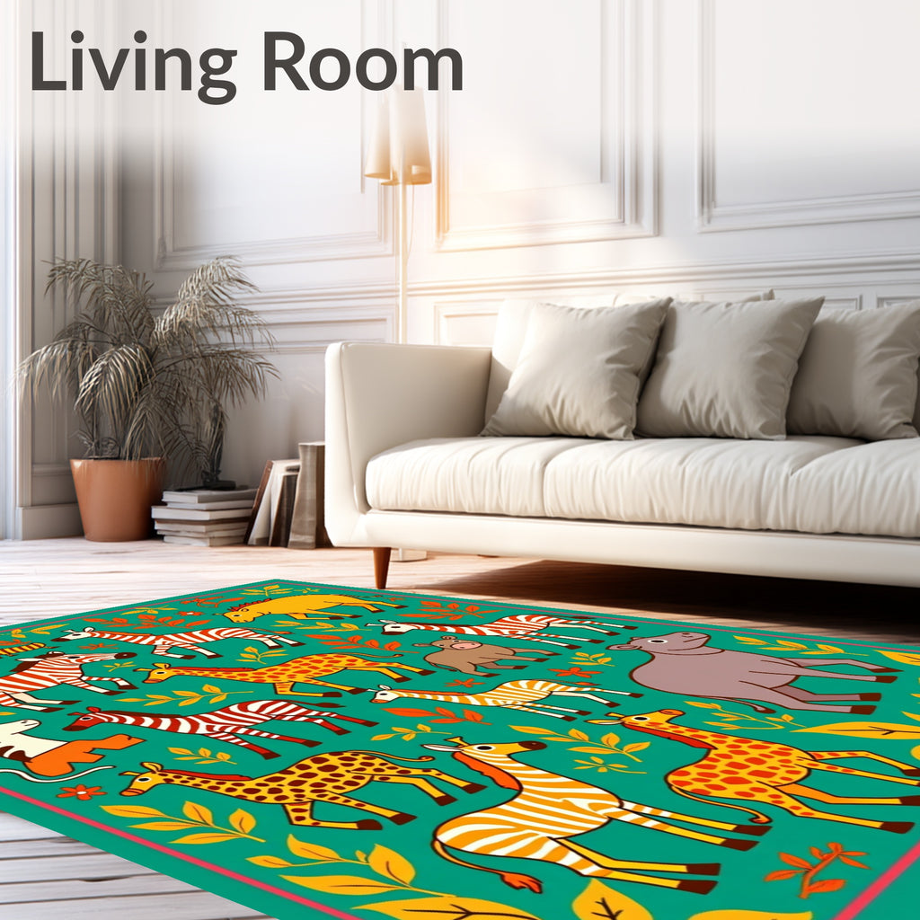 Whimsical Safari Animals Green Floral Border Rug