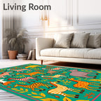Whimsical Safari Animals Green Floral Border Rug