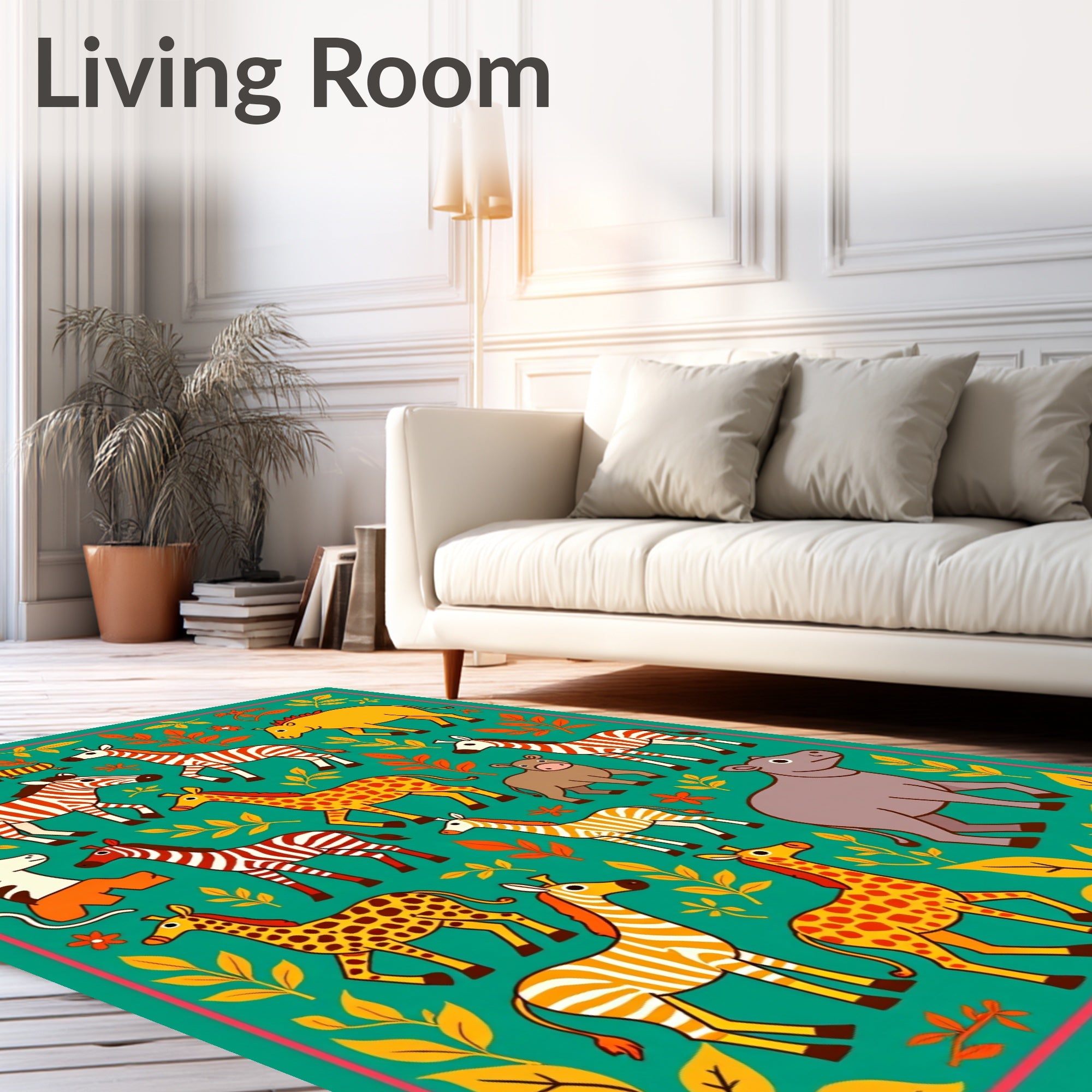 Whimsical Safari Animals Green Floral Border Rug