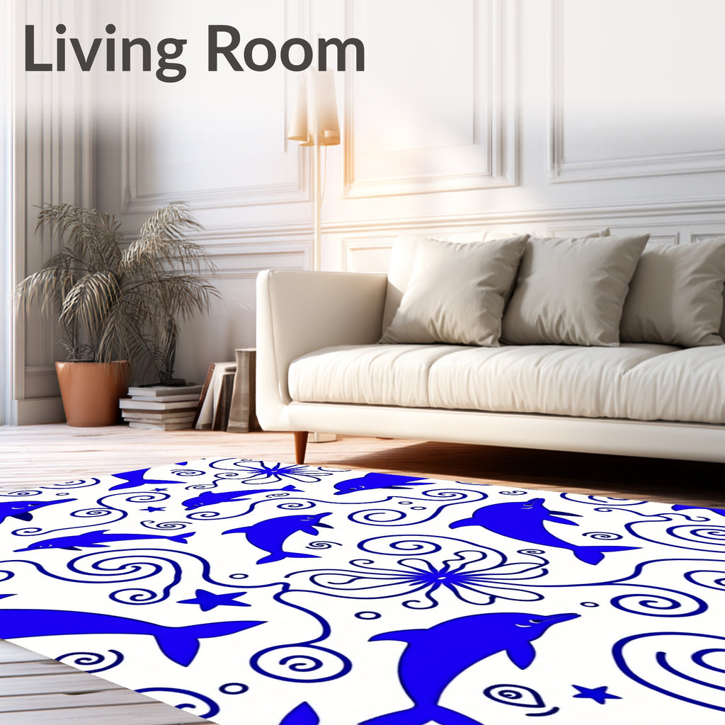 Whimsical Blue Dolphin Swirls Rug