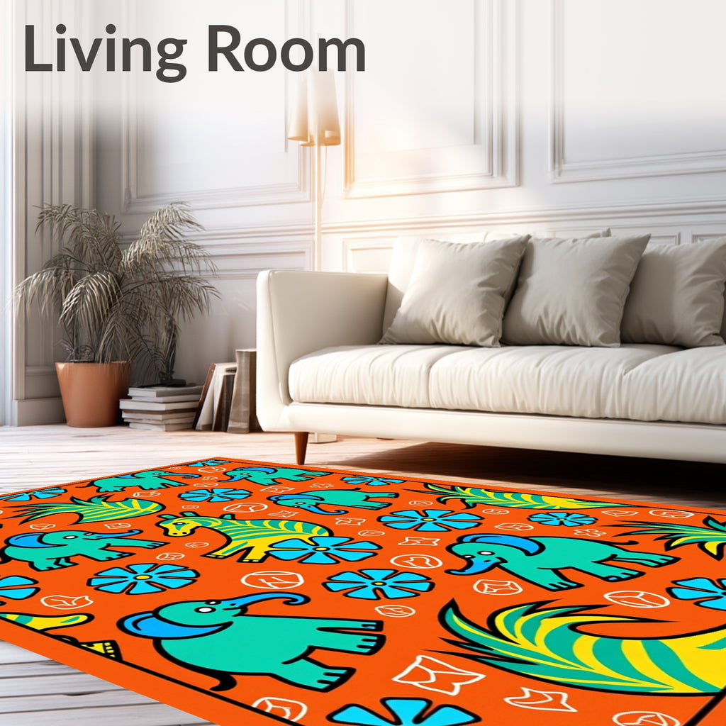 Orange Teal Elephant Jungle Adventure Rug