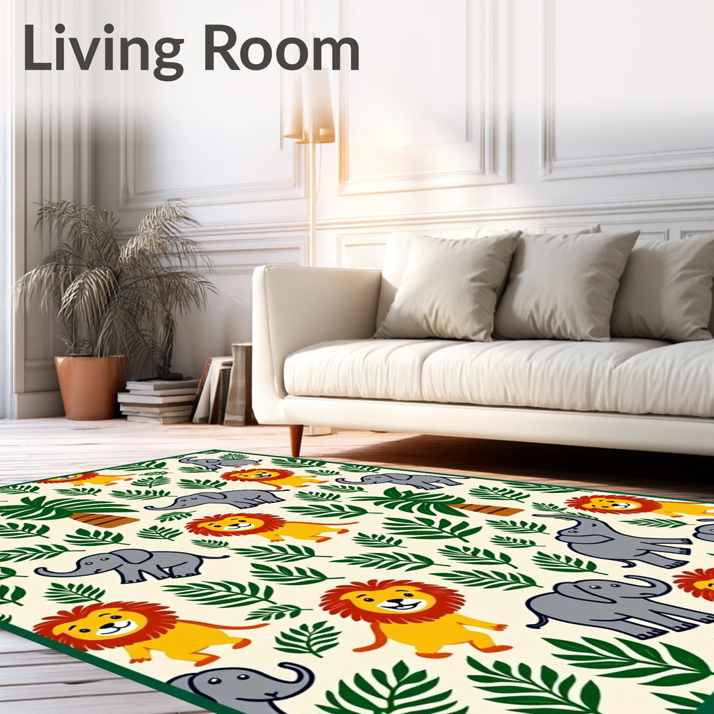 Playful Lion Elephant Jungle Leaves Rug