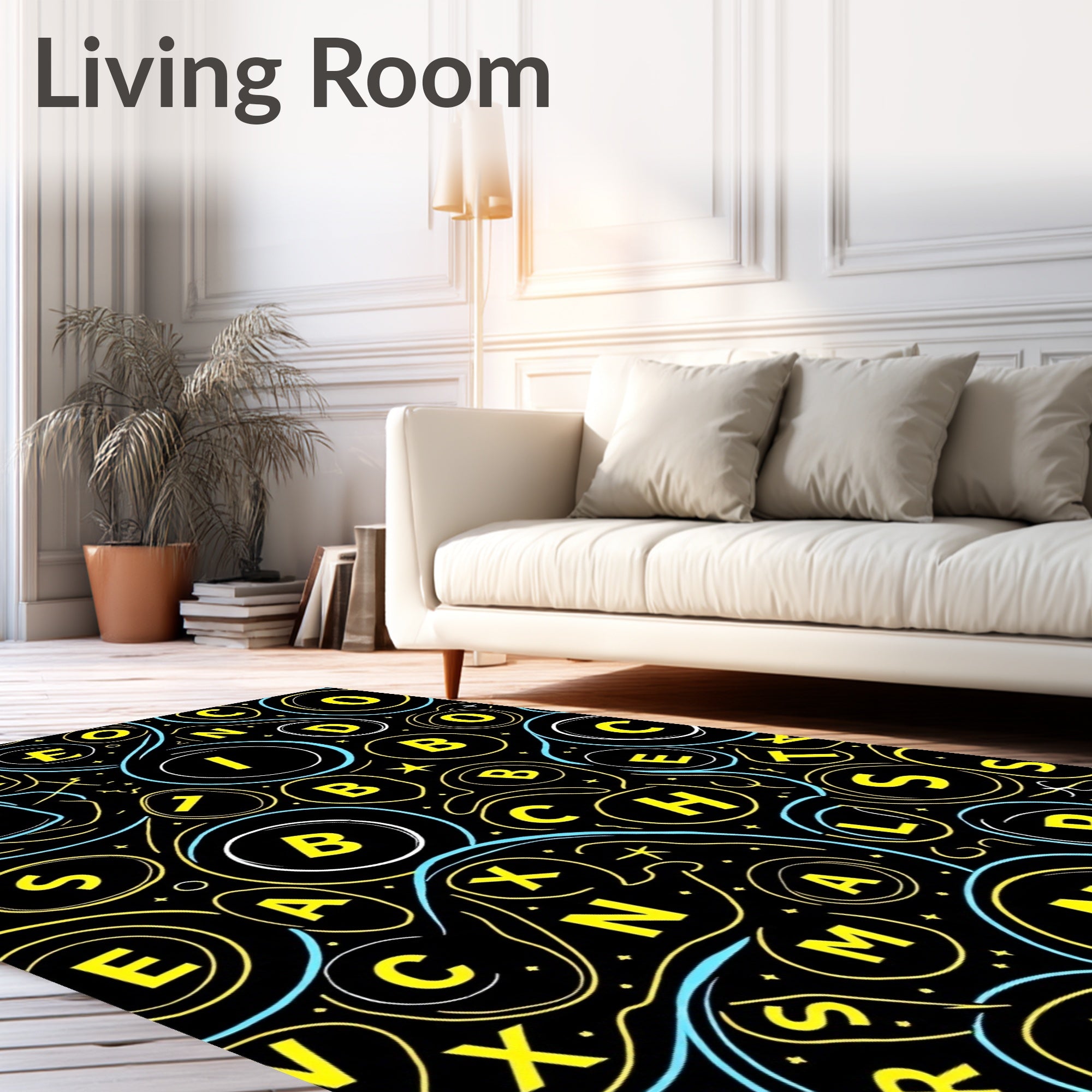Black Yellow Blue Alphabet Whirl Rug