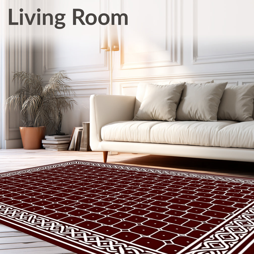 Deep Red White Geometric Lattice Rug