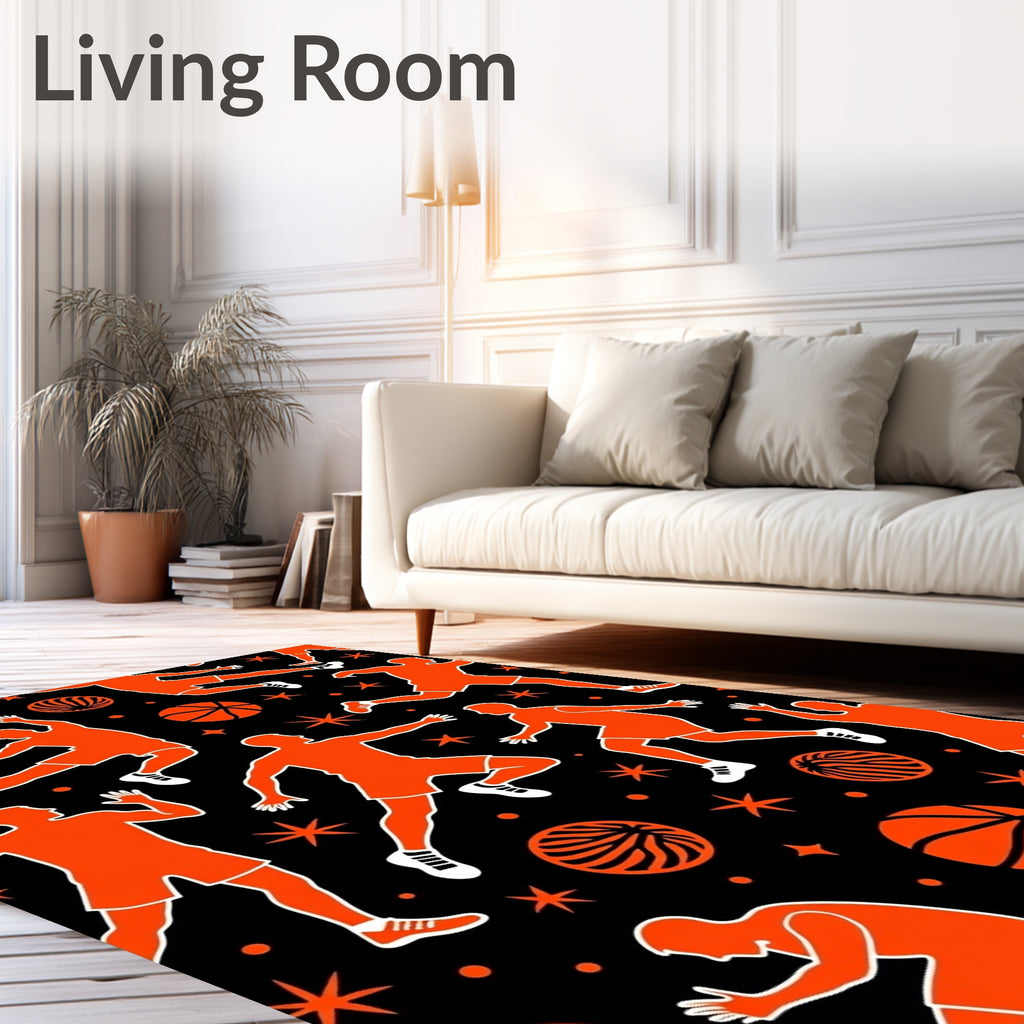 Dynamic Orange Basketball Players Action Rug