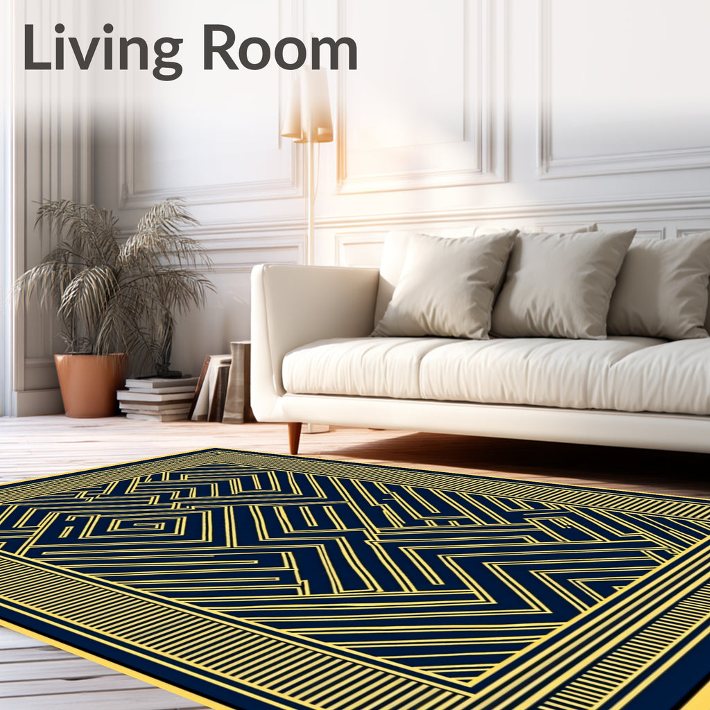 Deep Blue Golden Maze Frame Rug