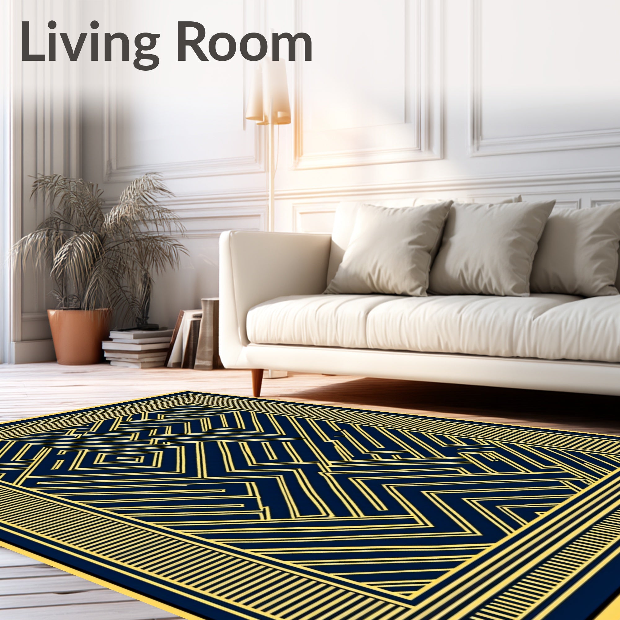 Deep Blue Golden Maze Frame Rug