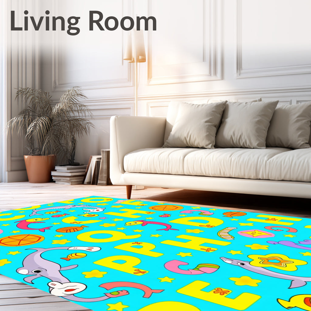 Playful Alphabet Dolphins Starry Background Rug
