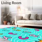Whimsical Teal Fish Alphabet Collage Rug