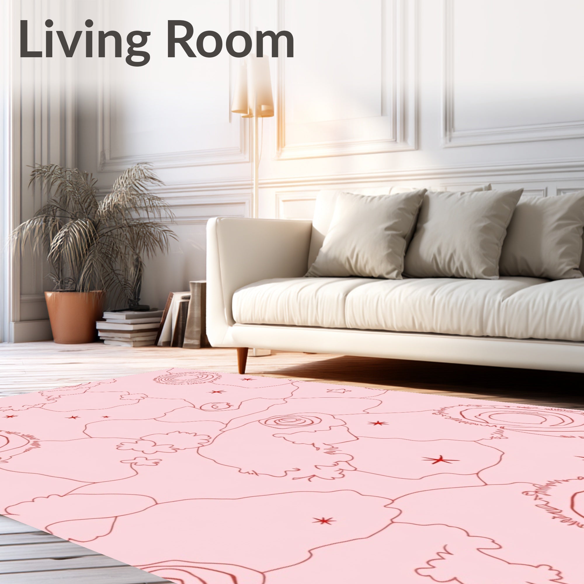 Soft Pink Floral Outline Whimsical Arrangement Rug