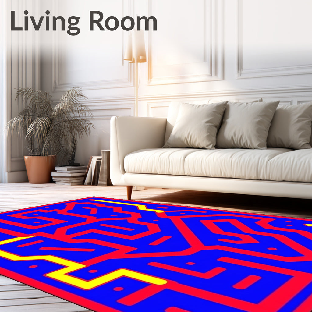 Bold Blue Red Yellow Abstract Maze Rug