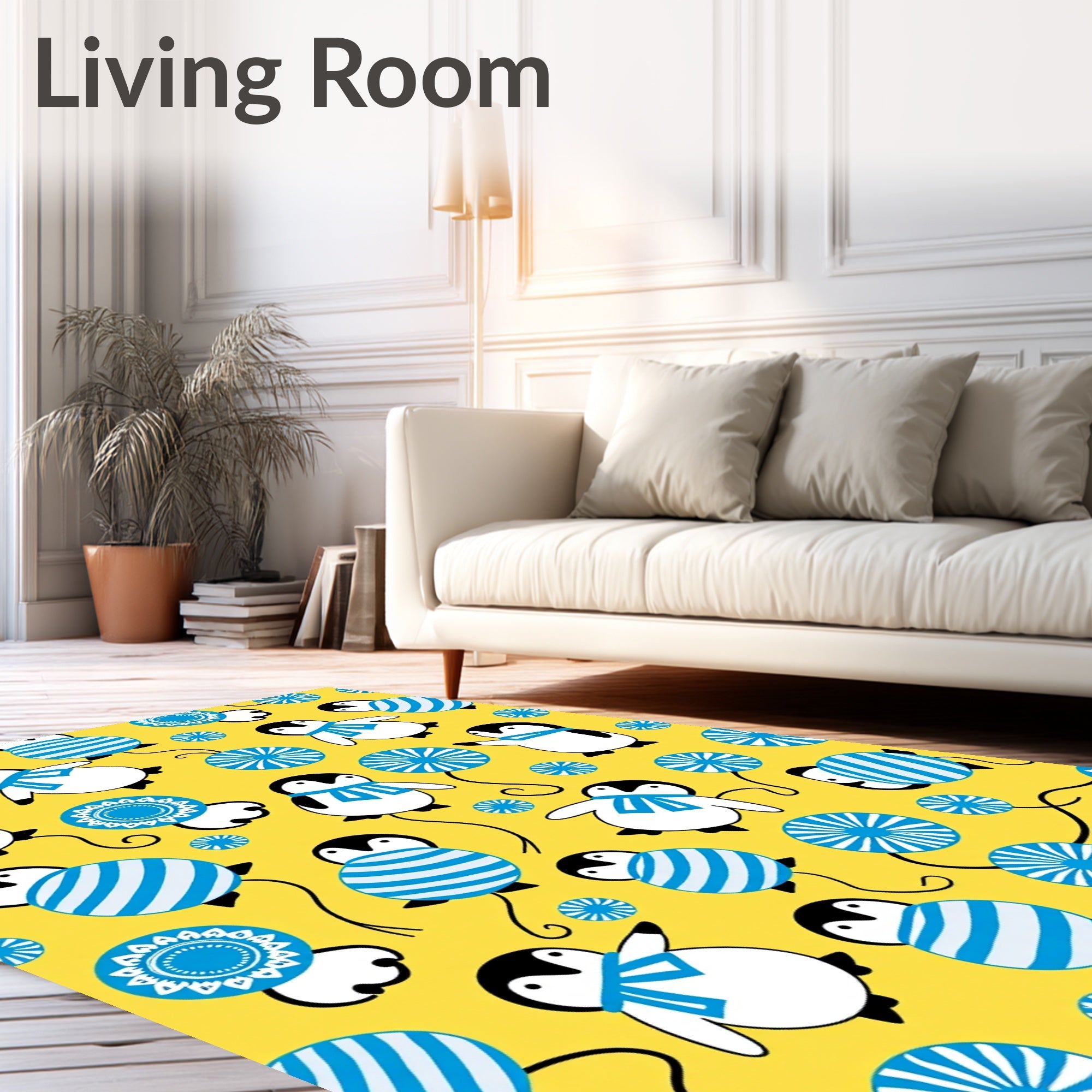 Whimsical Yellow Penguin Blue Scarf Rug