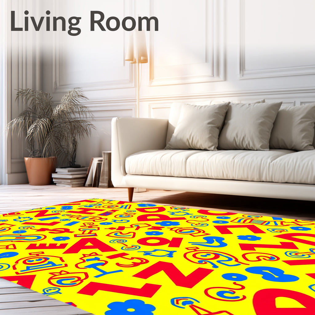 Bold Red Blue Alphabet Collage Rug