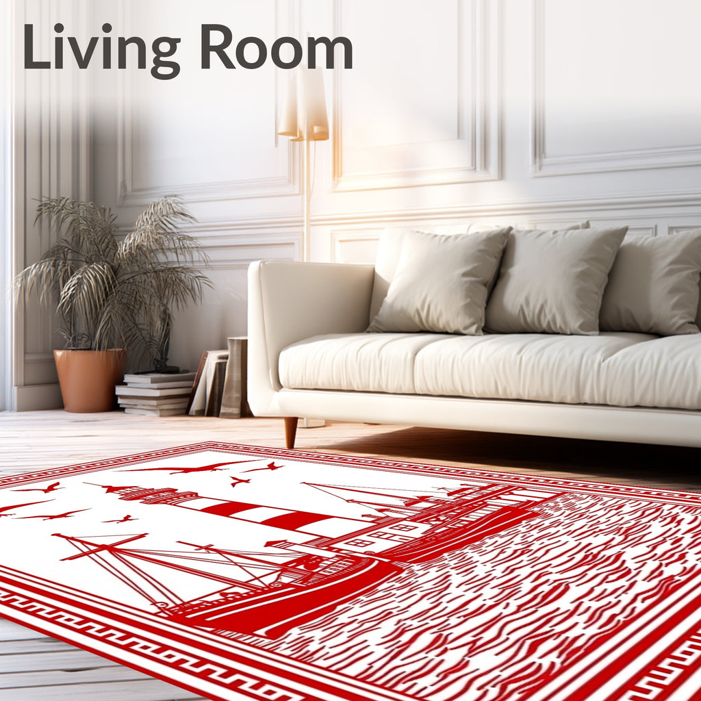 Red Nautical Lighthouse Sailboat Seagull Scene Rug