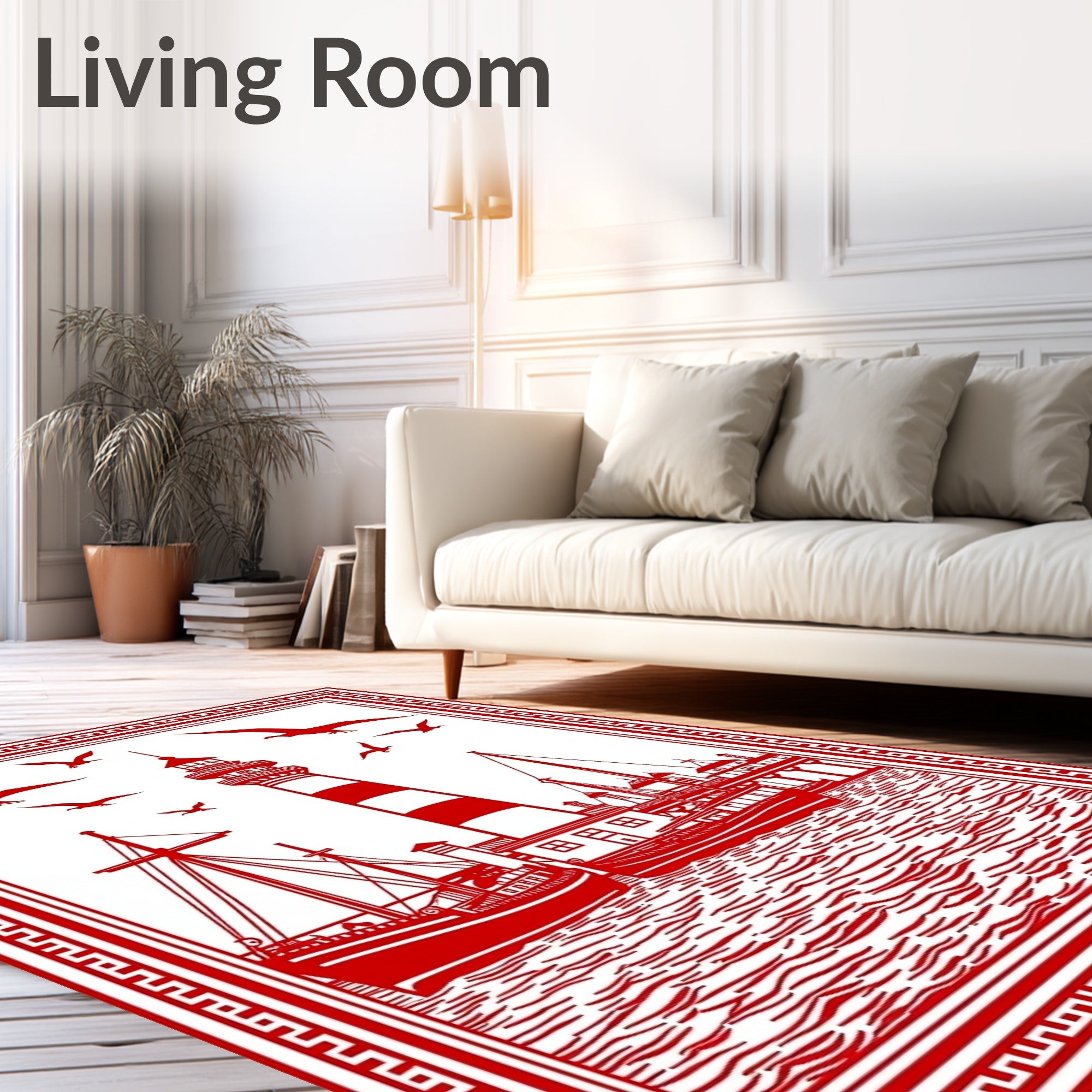 Red Nautical Lighthouse Sailboat Seagull Scene Rug